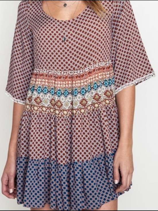 Umgee Dresses & Skirts - NWT Umgee Mixed Print Tiered Mini Dress in Brick Red, Navy & Teal (008)